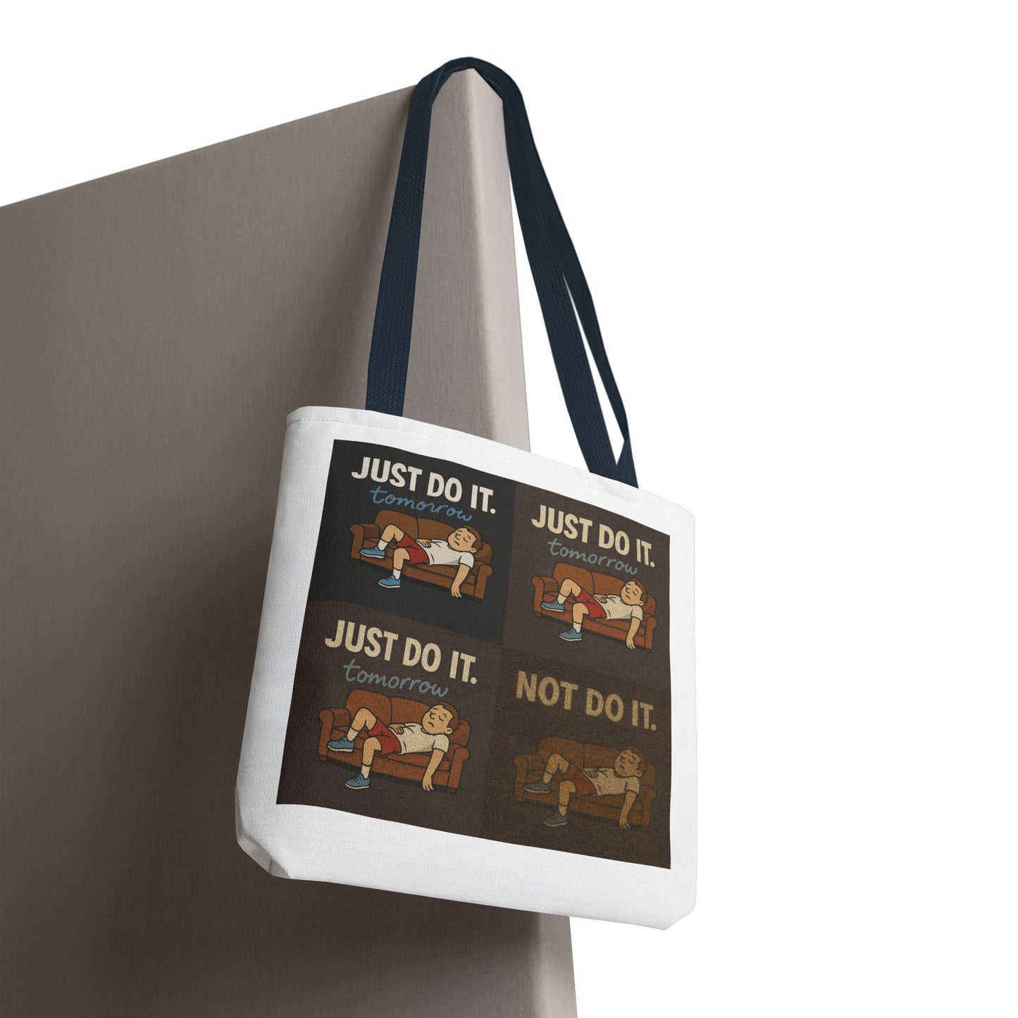 Graciously posed 'Just Do It… Tomorrow' tote bag making a statement effortlessly.