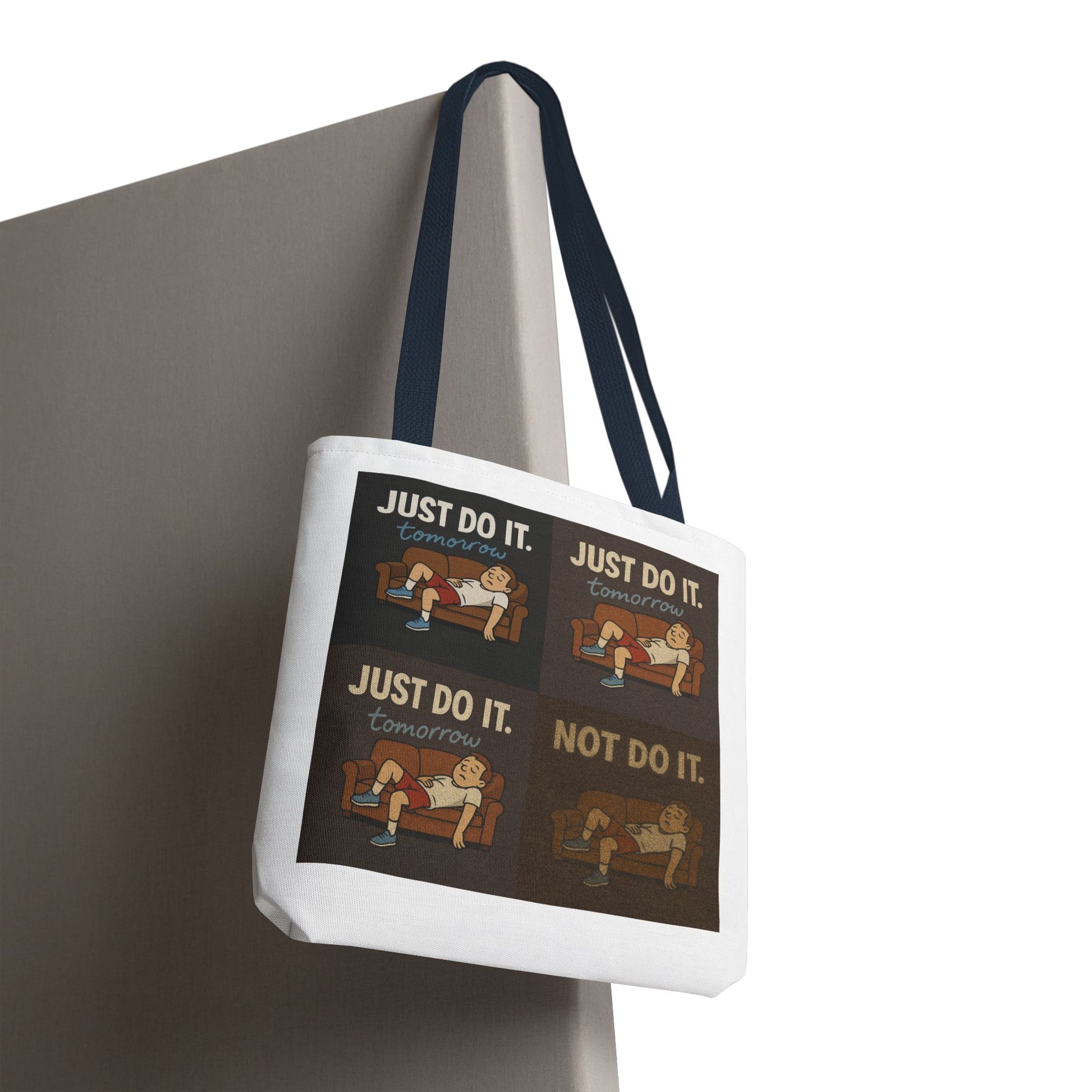 Graciously posed 'Just Do It… Tomorrow' tote bag making a statement effortlessly.