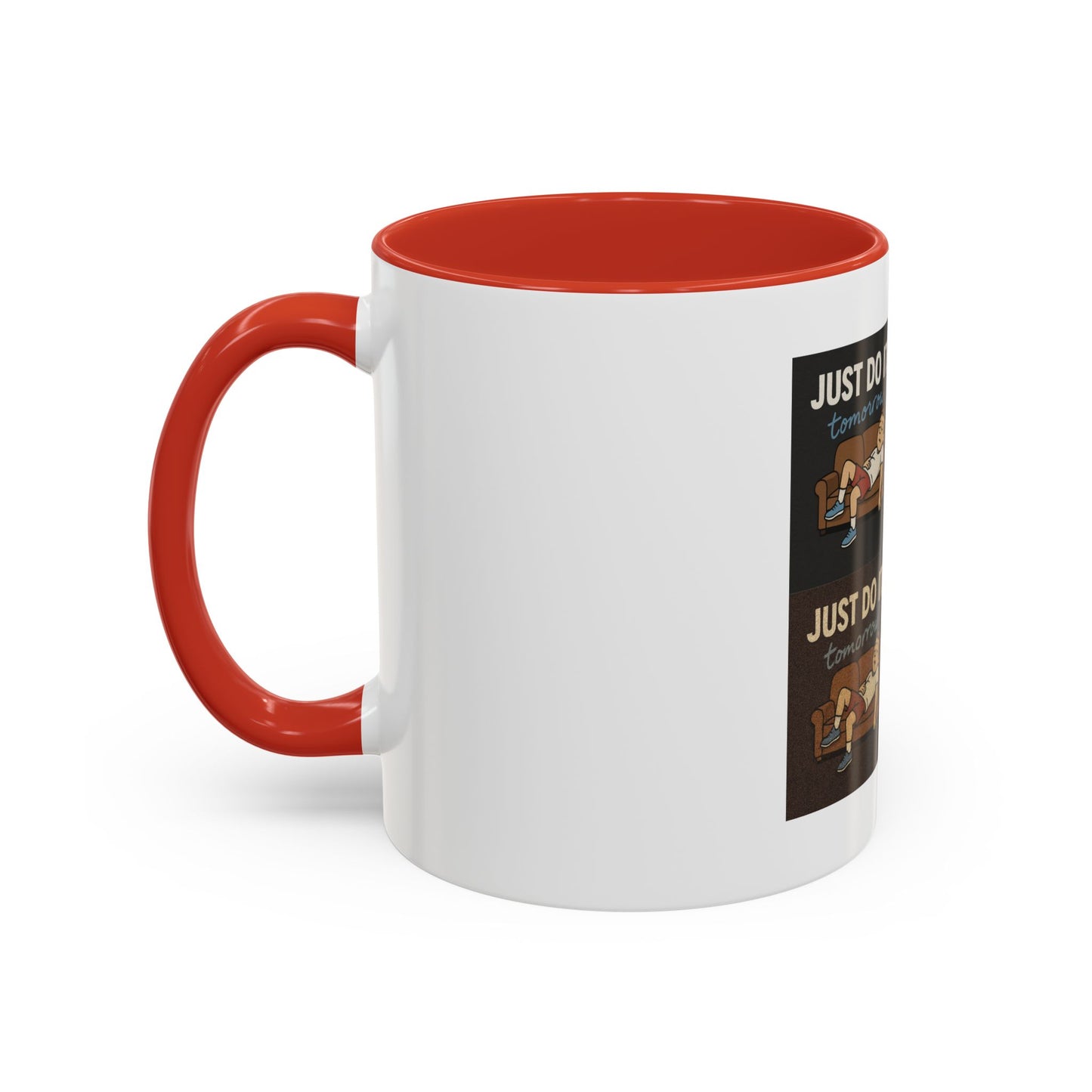 Mug with a vibrant handle promoting procrastination, perfect for sipping coffee and dodging life's tasks.