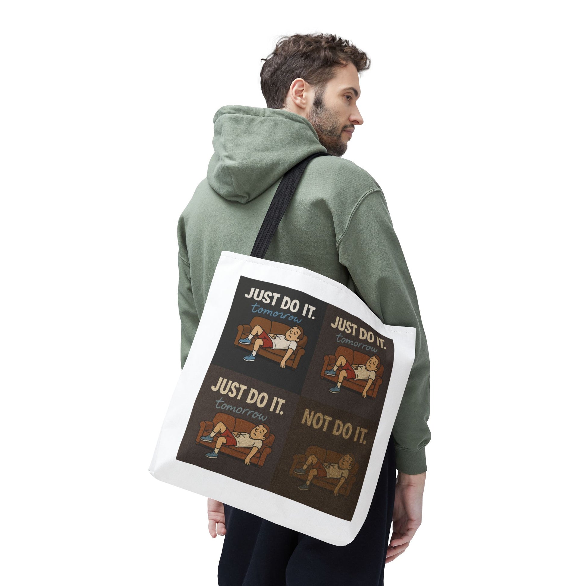 Sassy view of 'Just Do It… Tomorrow' tote bag making life more chill.