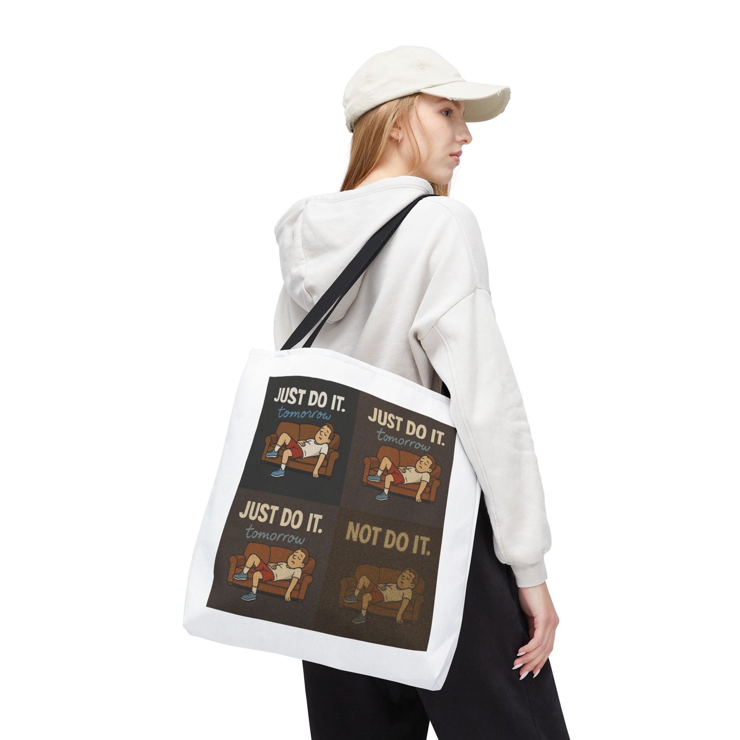 Lazy day essentials next to the 'Just Do It… Tomorrow' tote bag.