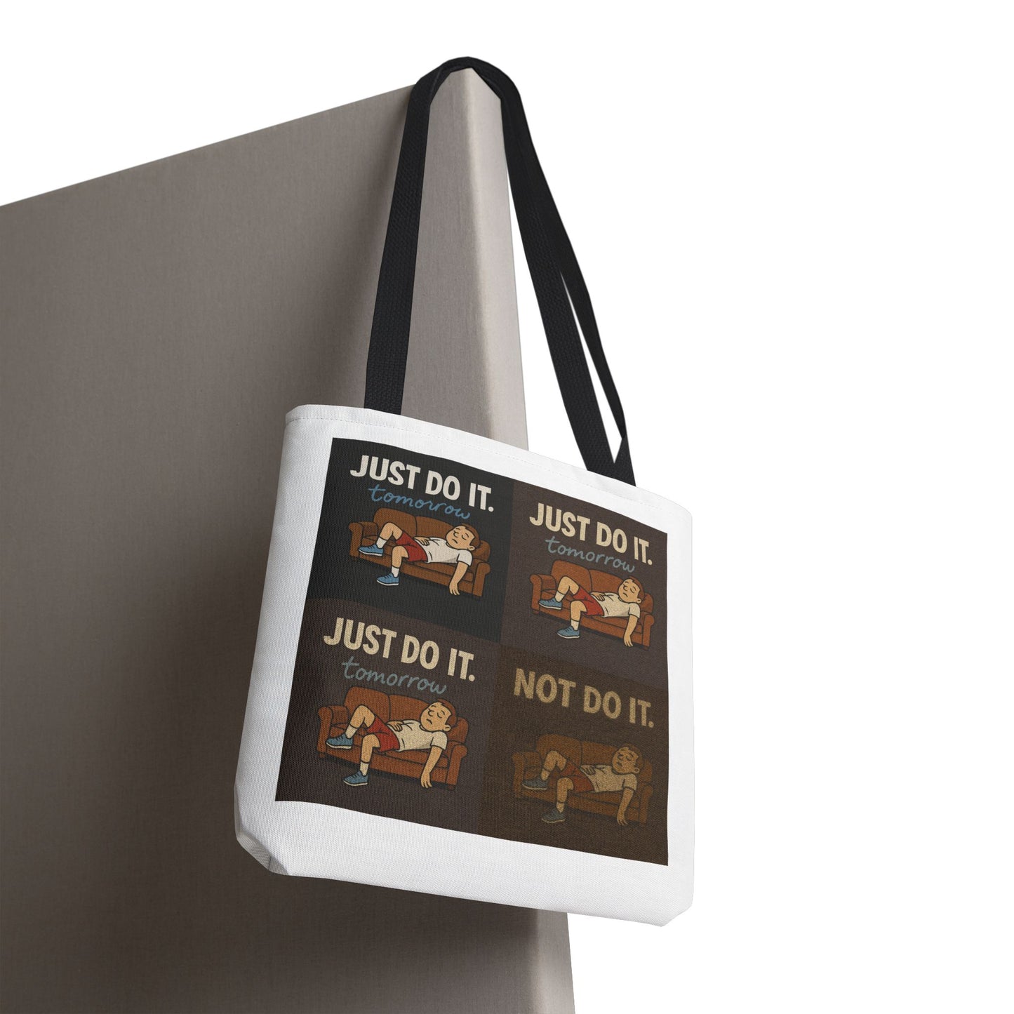 Scene with the 'Just Do It… Tomorrow' tote bag effortlessly adding charm to procrastination.