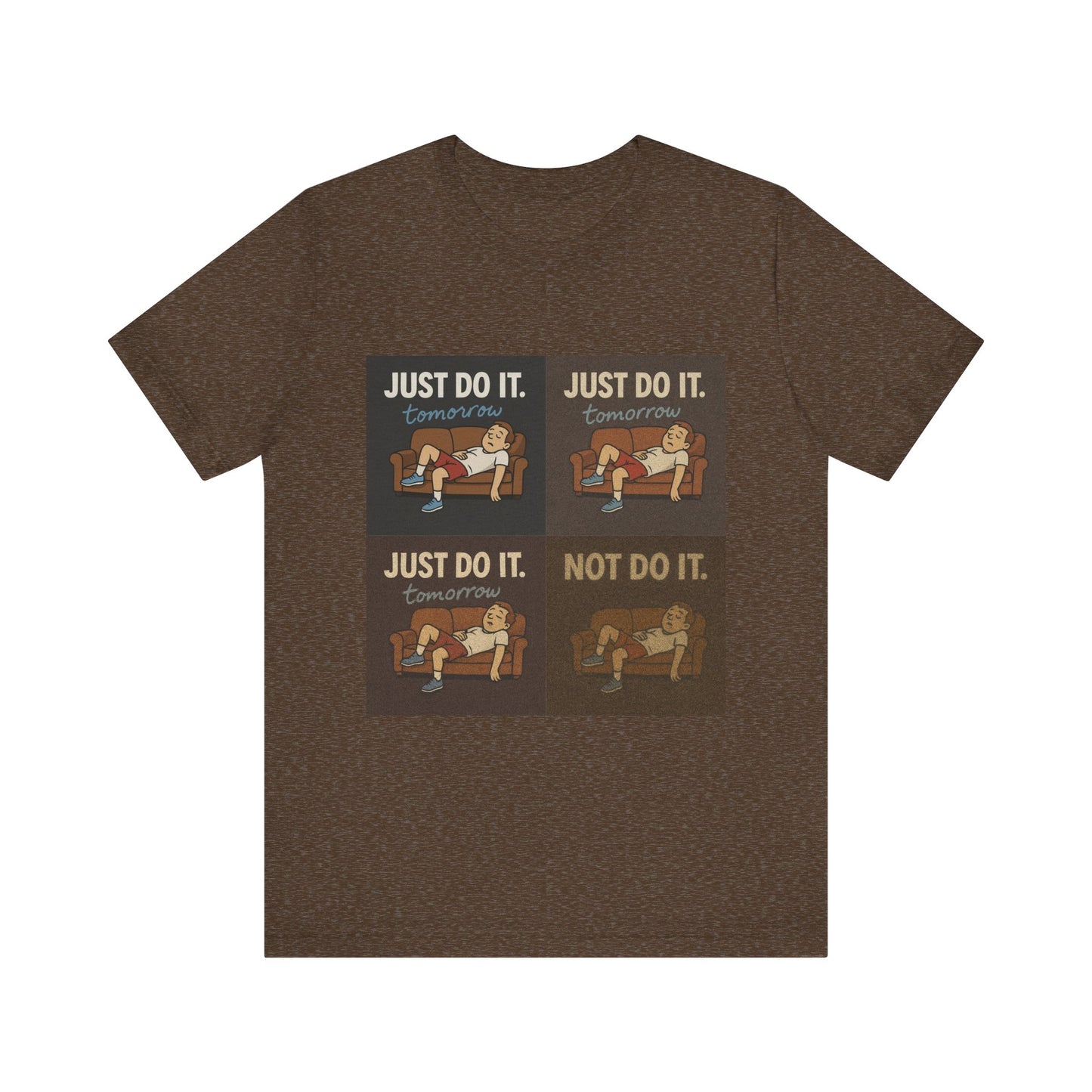 Graphic detail of the Just Do It… Tomorrow Meme Tee, perfect for anyone who loves a good procrastination meme shirt.
