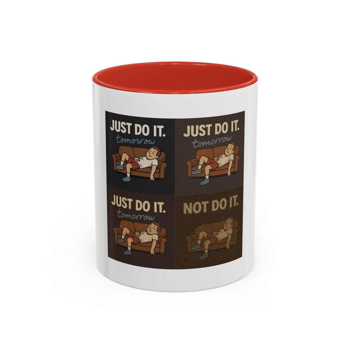 Close-up view of the 'Just Do It… Tomorrow' mug, an ideal procrastination coffee mug for dodging responsibilities.