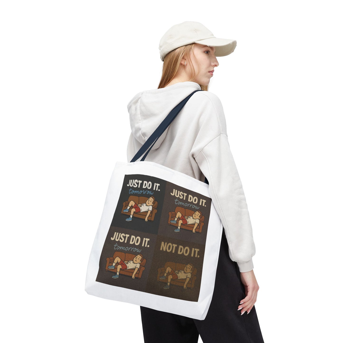 Eclectic mix featuring the 'Just Do It… Tomorrow' tote bag in a lively scene.
