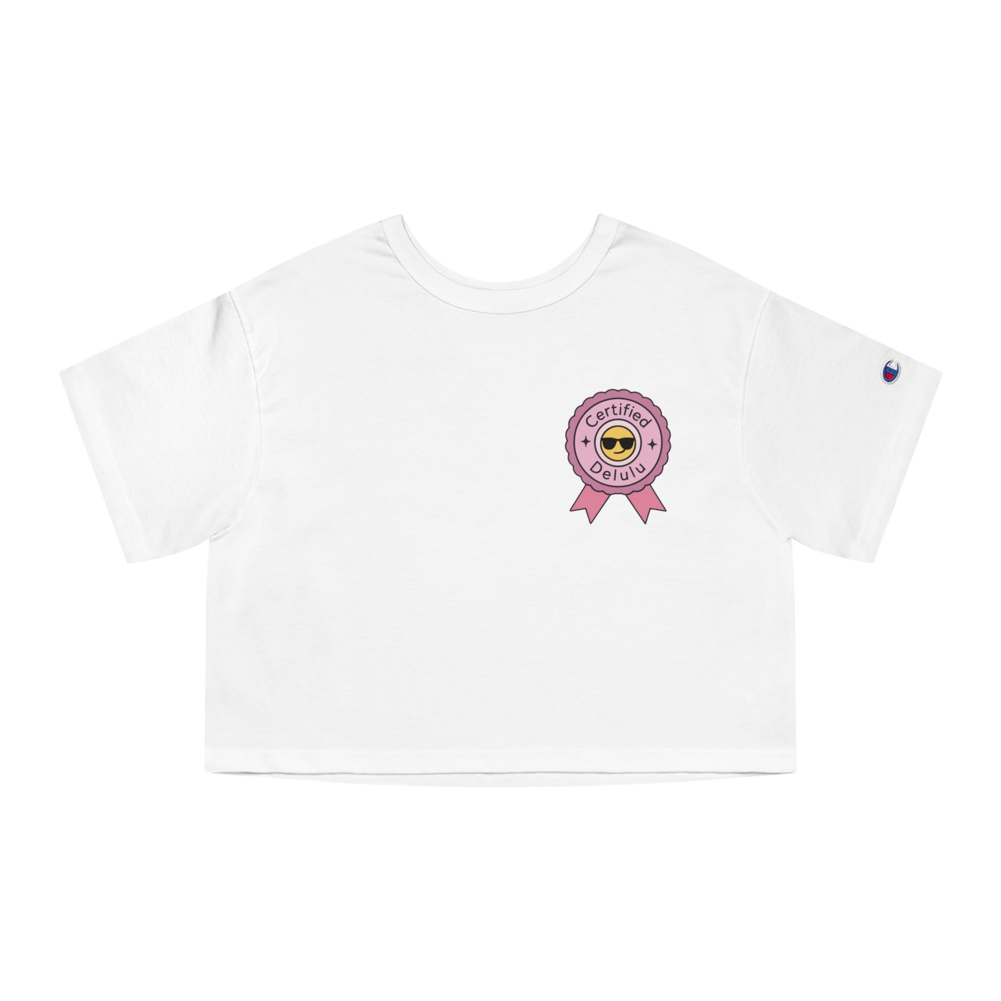 Close-up of the Certified Delulu badge on the Cropped Tee (Champion™ Heritage) – a quirky cropped t-shirt for women, proving you're stylishly delusional.