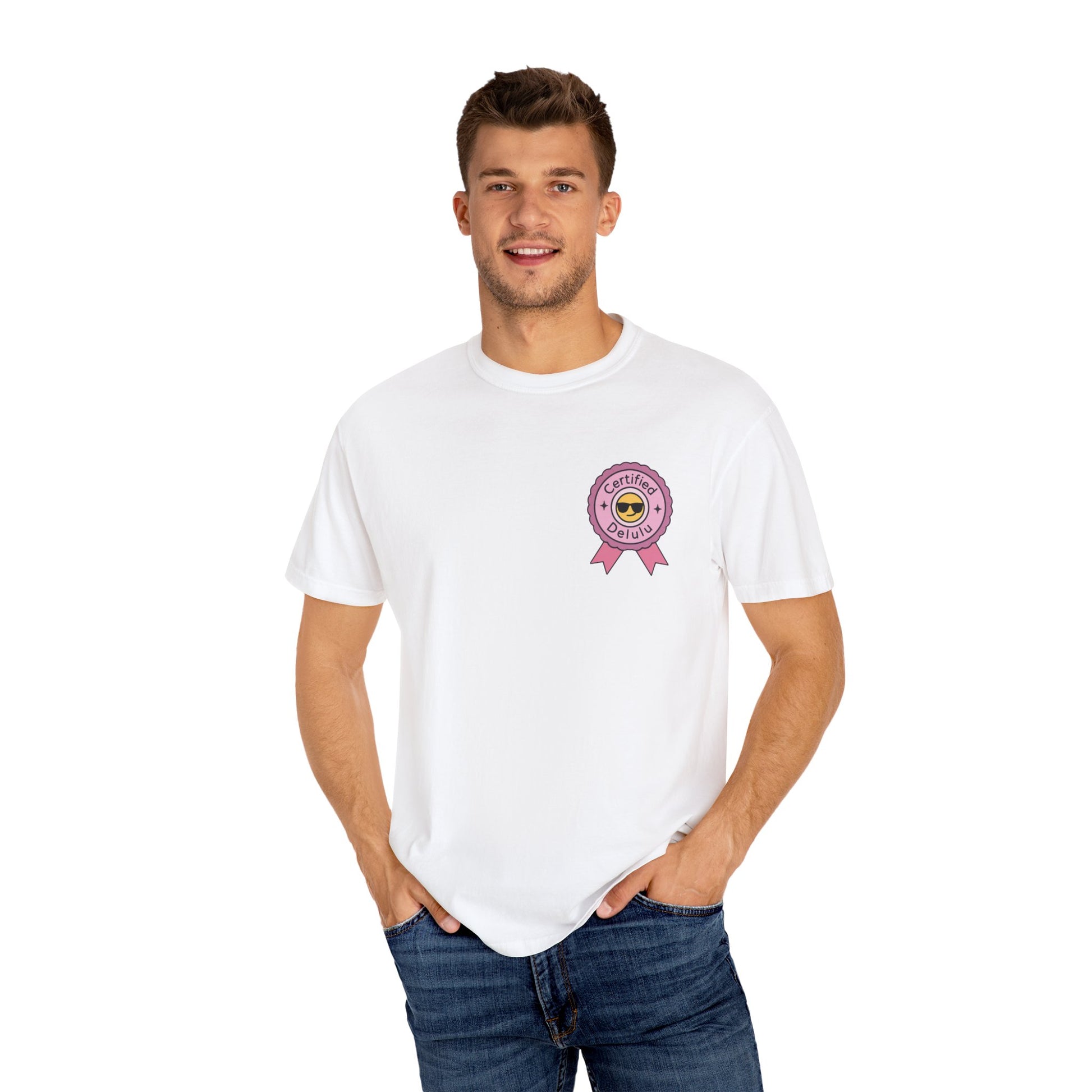 Back view of the Certified Delulu Badge Comfort Tee, illustrating its quality stitching and soft-cotton fabric, ideal for existential spirals.