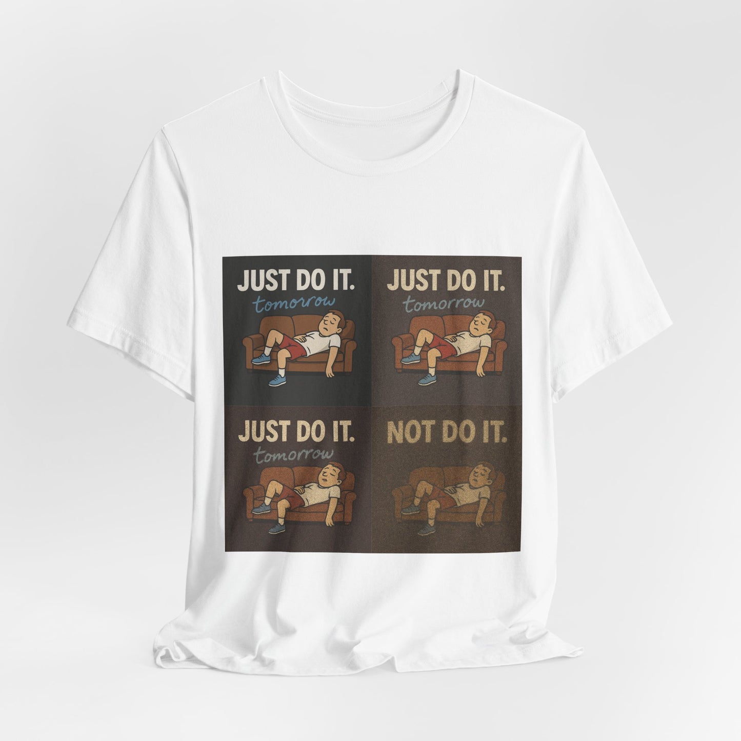 Just Do It… Tomorrow Meme Tee displayed outdoors, celebrating the art of procrastination with a funny meme shirt.