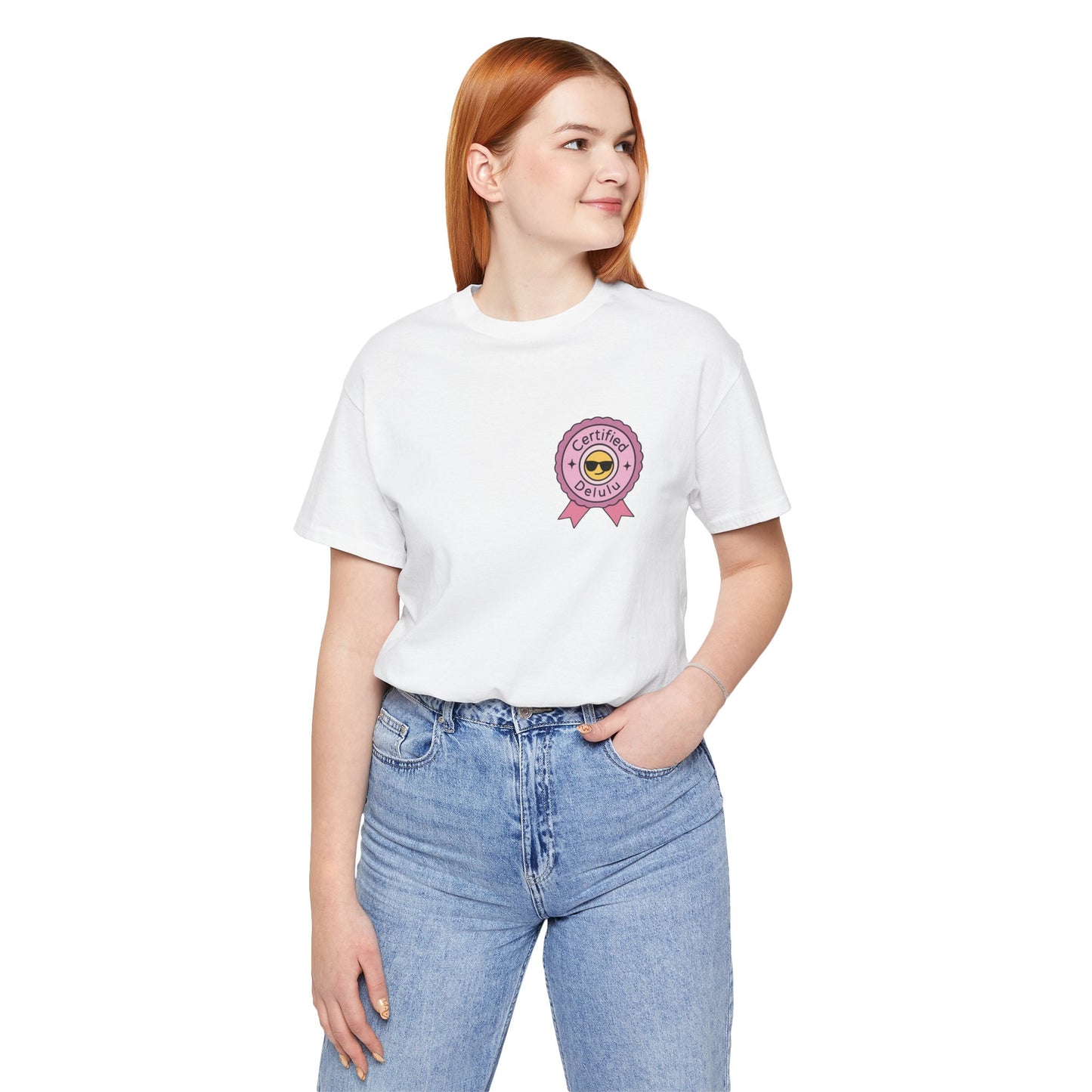 Certified Delulu Badge Unisex Tee – Minimal Effort, Max Fantasy; a comfortable delulu badge shirt showcasing your main character mindset.