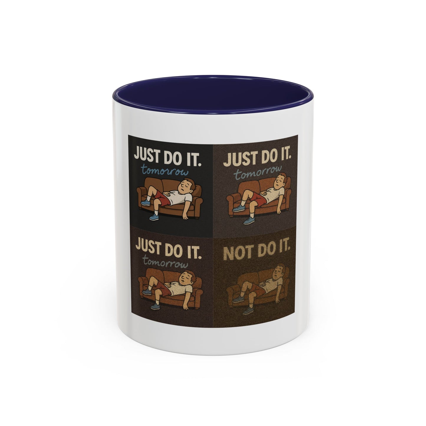 Stylish ceramic mug featuring a colorful interior, meant for sipping coffee while you procrastinate in style.