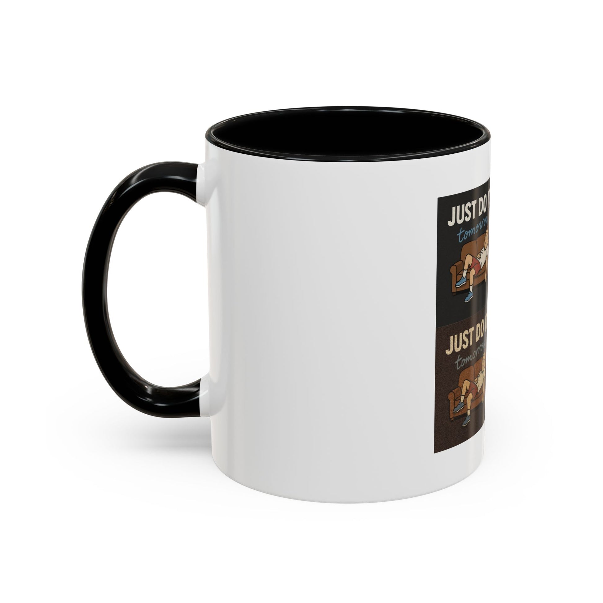 Humorous coffee mug showcasing the 'Just Do It… Tomorrow' slogan for those who love to procrastinate.