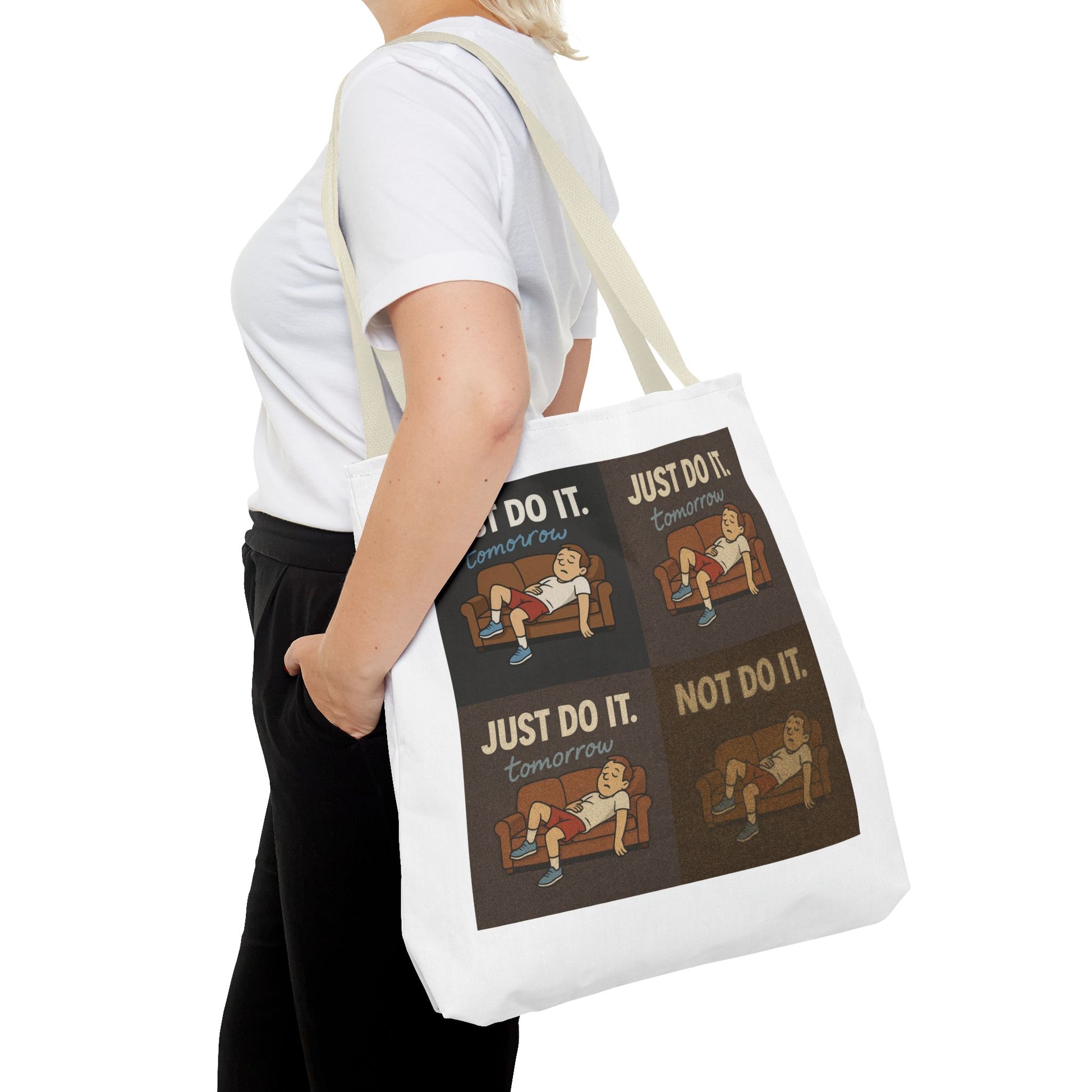 Leisurely moment caught featuring the 'Just Do It… Tomorrow' tote bag.