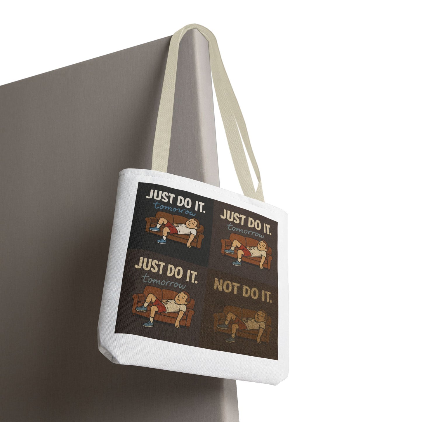 Dynamic scene featuring the 'Just Do It… Tomorrow' tote bag with friends.