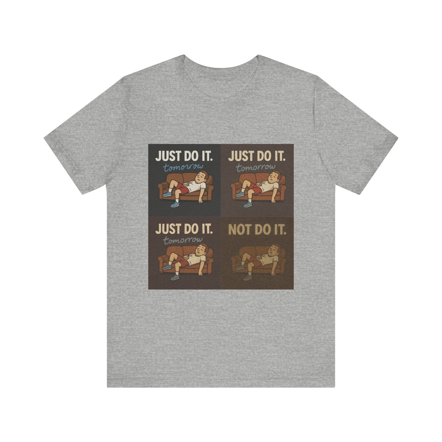 Lifestyle shot of the Just Do It… Tomorrow Meme Tee in action, showcasing the humor of the procrastination meme shirt.
