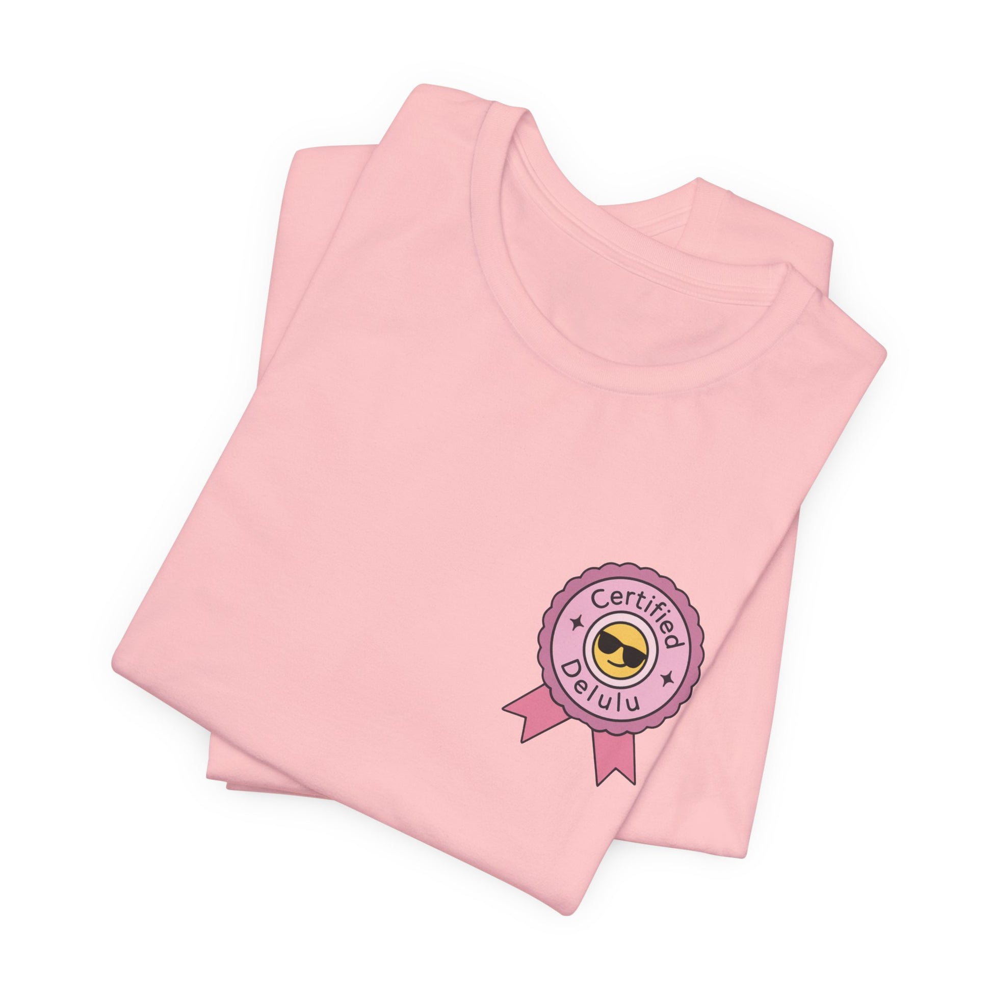 Certified Delulu Badge Unisex Tee elevating your fantasy fashion game; a delightful delulu badge shirt for quirks.