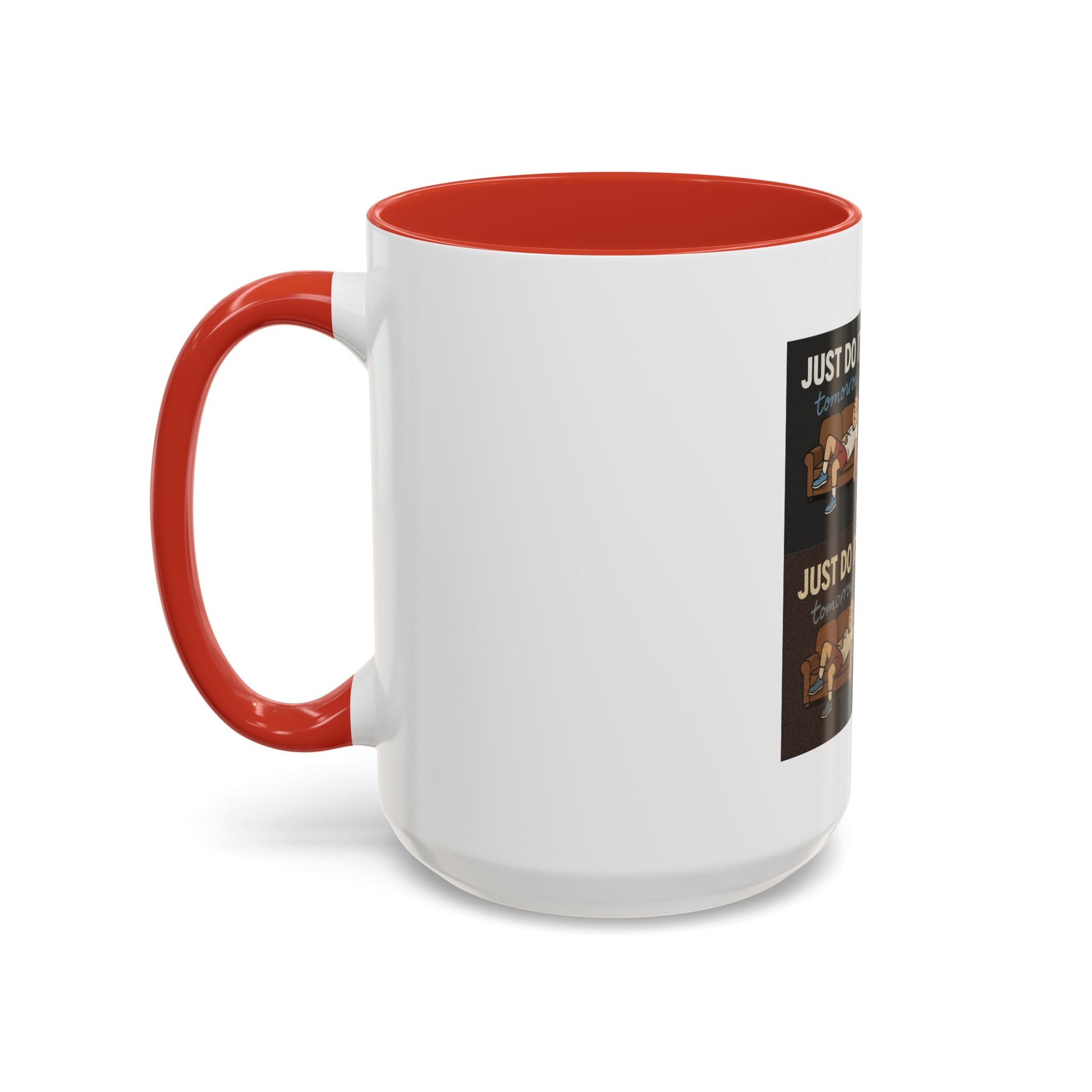 Sleek design of the best procrastination coffee mug, featuring a glossy finish and the catchphrase 'Just Do It… Tomorrow'.