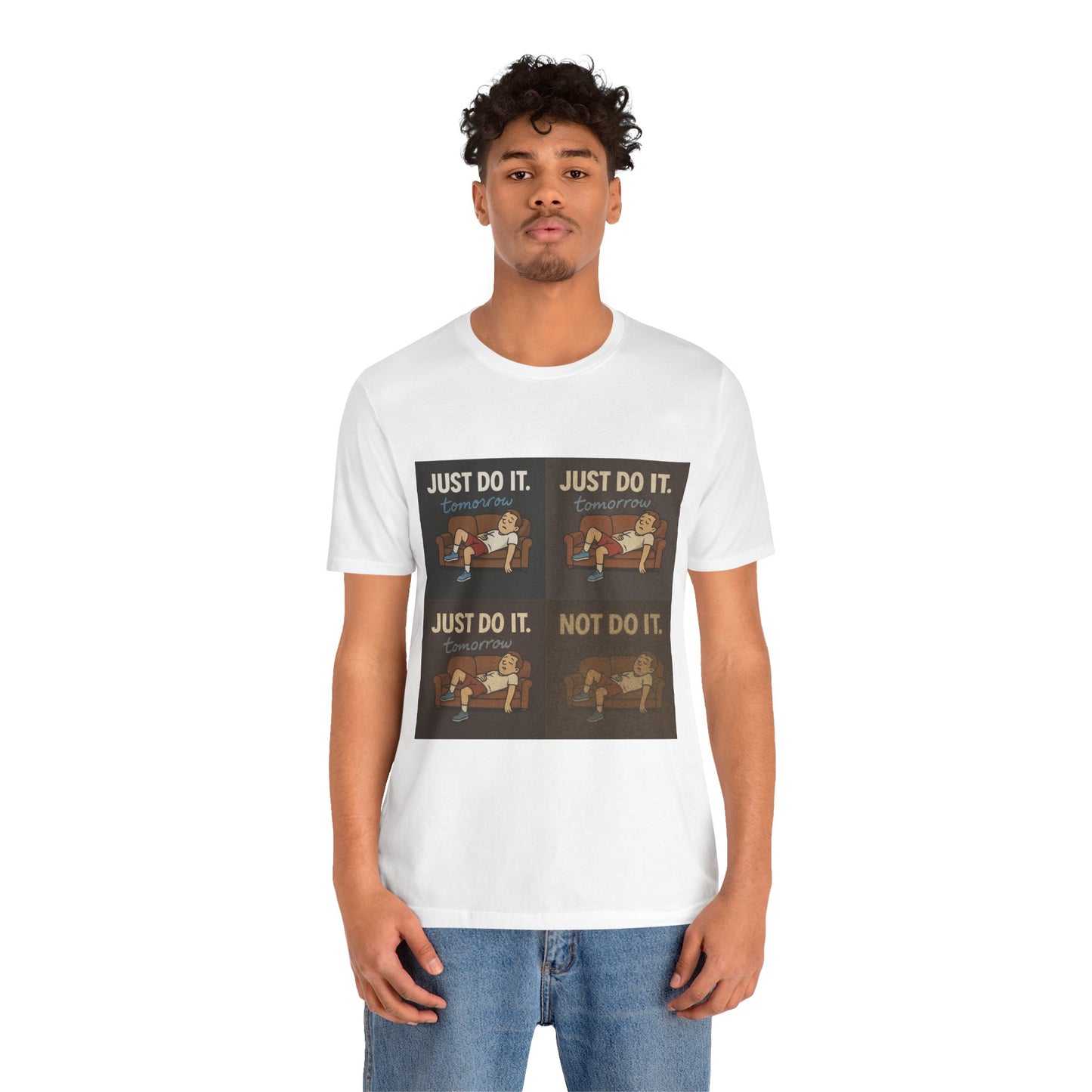 Image of the Just Do It… Tomorrow Meme Tee draped over a chair, a perfect nod to those who love procrastination meme shirts.