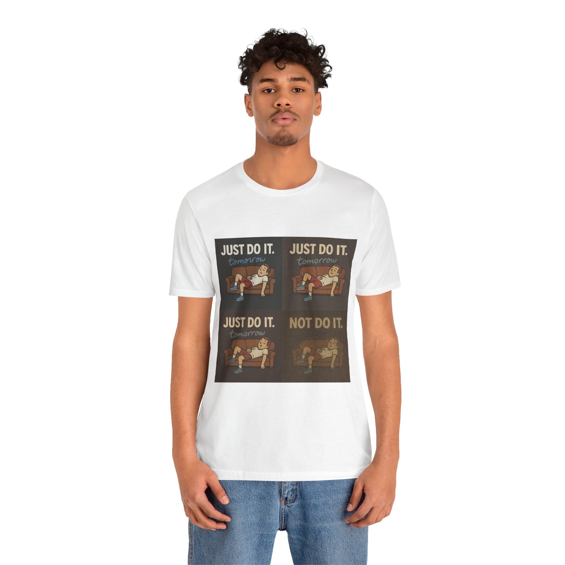 Image of the Just Do It… Tomorrow Meme Tee draped over a chair, a perfect nod to those who love procrastination meme shirts.