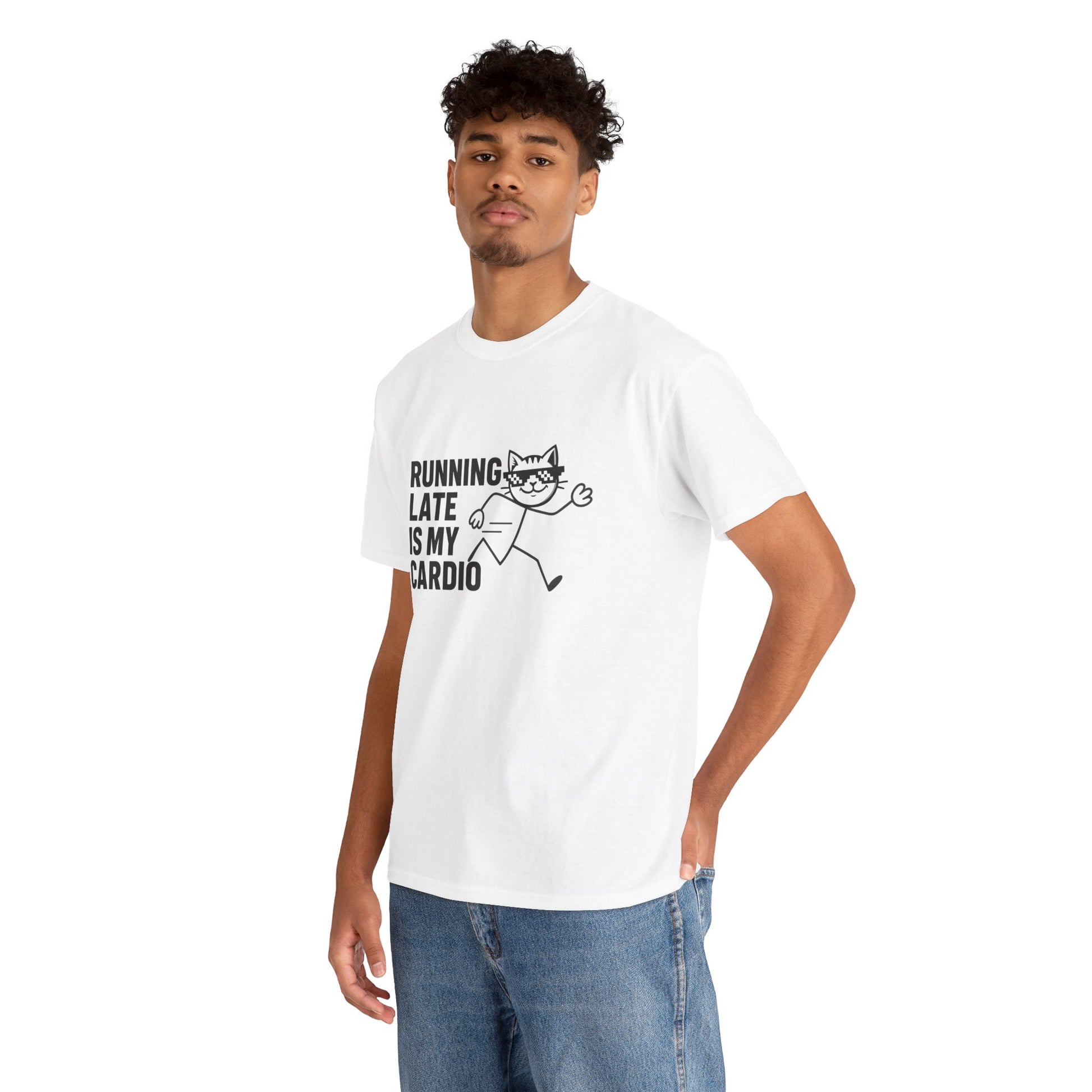 Funny graphic t-shirts – close-up of the Running Late Club Tee's colorful print showcasing its unique cat design.