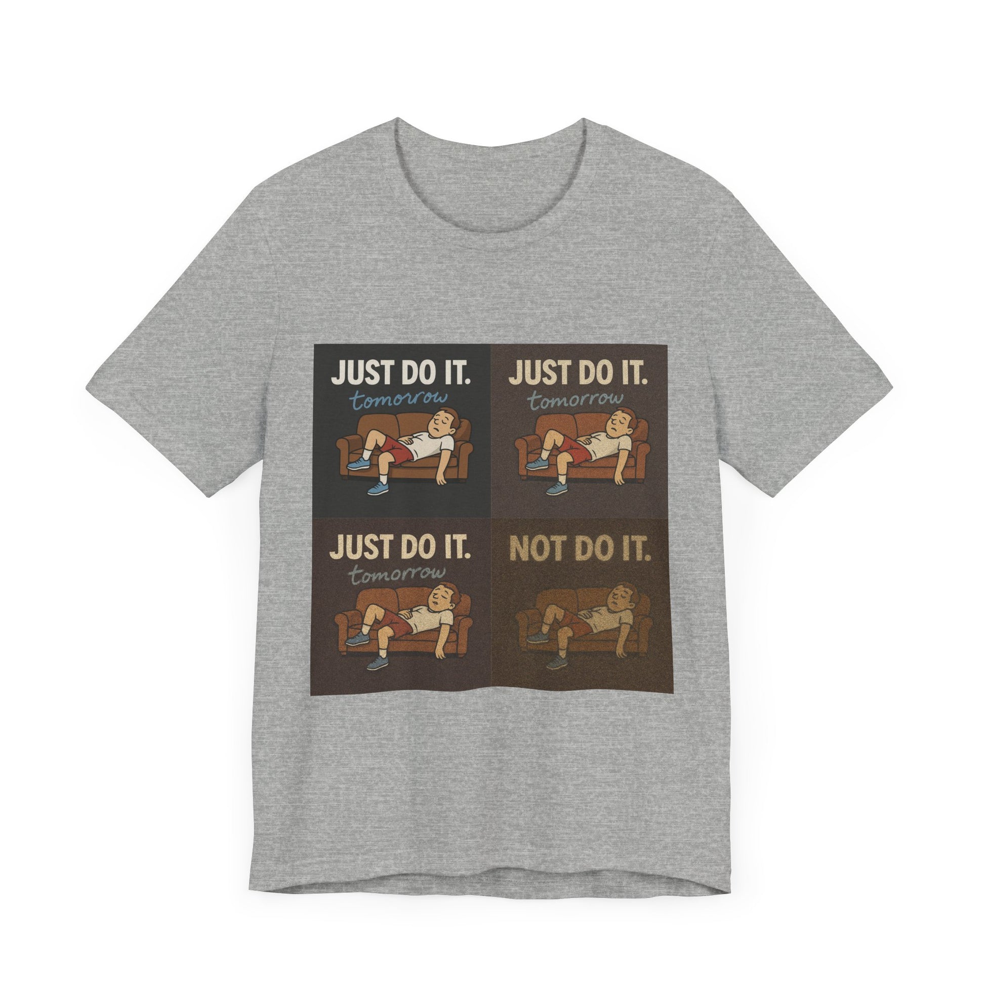 Showcasing a close-up of the Just Do It… Tomorrow Meme Tee fabric, spotlighting the comfort of this procrastination meme shirt.