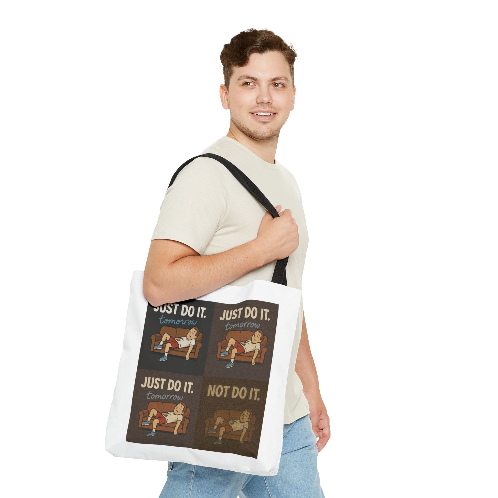 Artful display of the 'Just Do It… Tomorrow' tote bag, highlighting its design.
