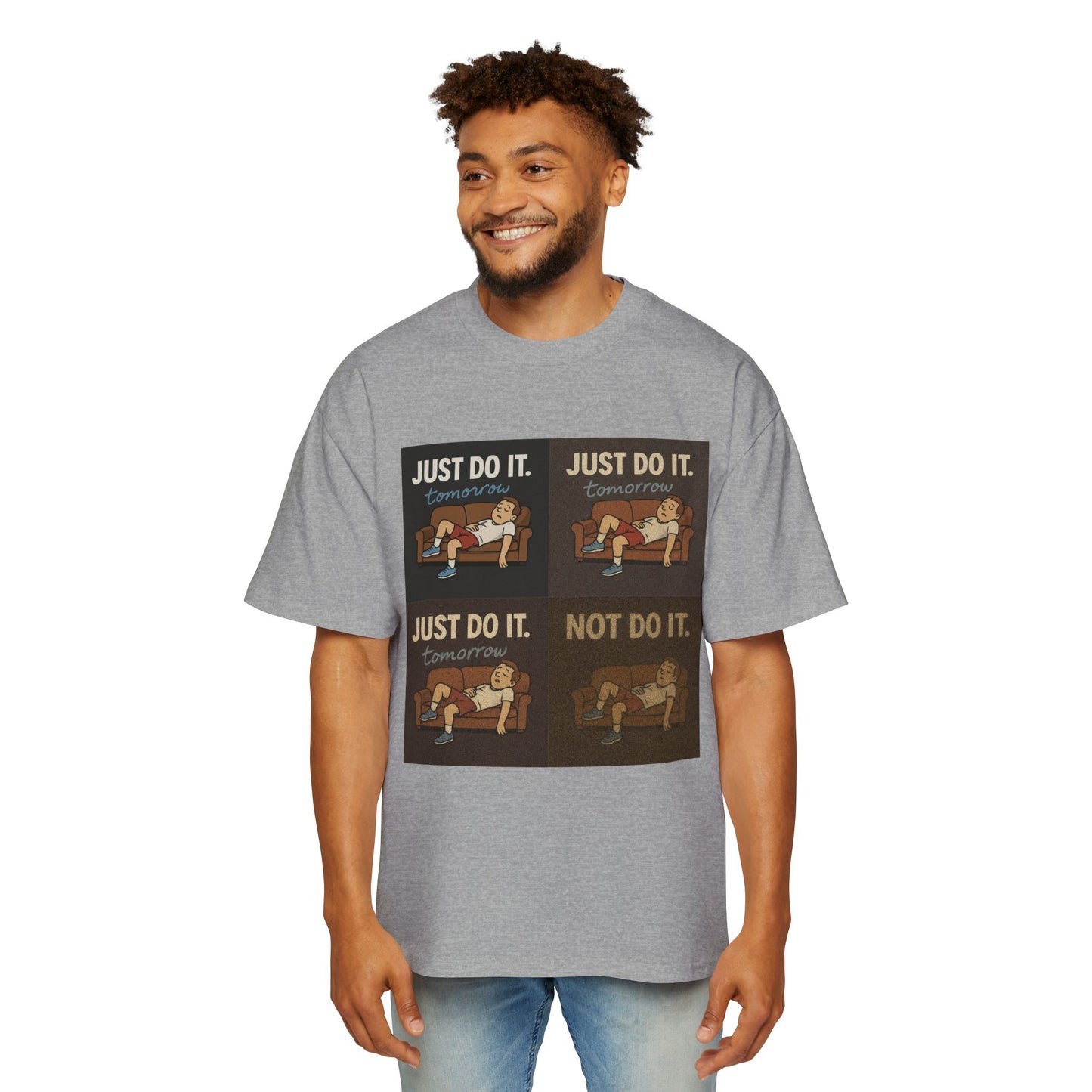 Just Do It… Tomorrow Meme Tee – For the Certified Couch Potato: Show off your love for comfy procrastination with this meme tee, ideal for couch naps and avoiding responsibilities!